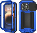 Heavy duty blue metal and silicone hybrid case for iPhone 16 Plus with kickstand slide camera cover and screen protector