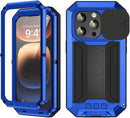 Heavy duty blue metal and silicone hybrid case for iPhone 16 Plus with kickstand slide camera cover and screen protector
