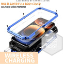 Heavy duty blue metal and silicone hybrid case for iPhone 16 Plus with kickstand slide camera cover and screen protector