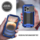 Heavy duty blue metal and silicone hybrid case for iPhone 16 Plus with kickstand slide camera cover and screen protector