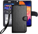 Galaxy A10E wallet case – black leather flip with card slots