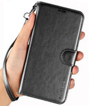 Galaxy A10E wallet case – black leather flip with card slots