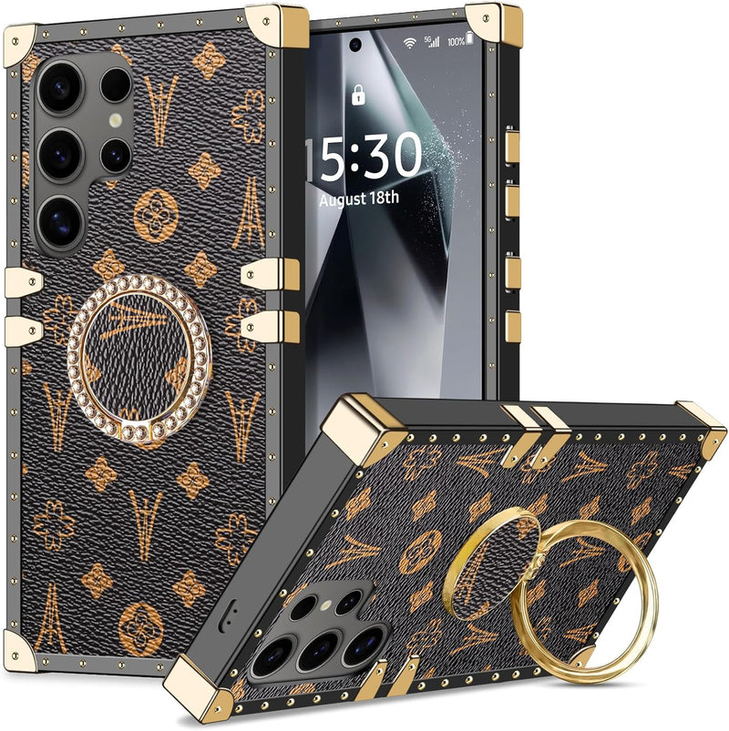 Galaxy S24 Ultra Kickstand Ring Stand Holder Luxury Retro Case Metal Edges Shockproof Protective Cover - Gorilla Cases