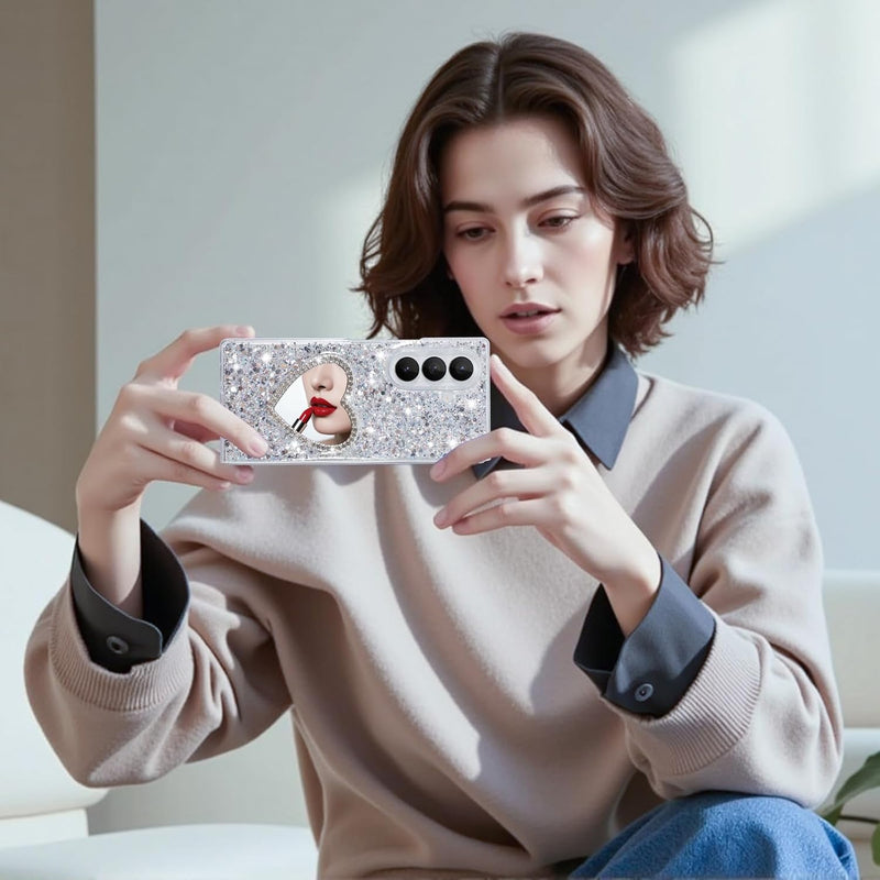 Galaxy Z Fold 7 glitter love mirror case with heart design and protective shell