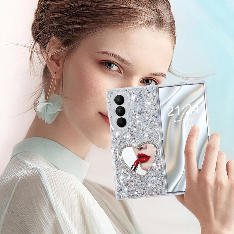 Galaxy Z Fold 7 glitter love mirror case with heart design and protective shell