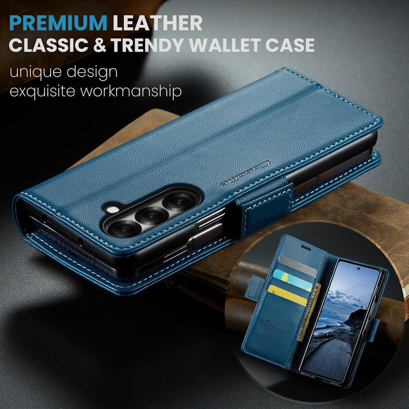 Galaxy Z Fold 7 leather wallet case with RFID blocking and flip stand