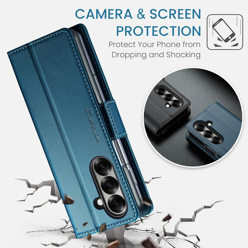 Galaxy Z Fold 7 leather wallet case with RFID blocking and flip stand