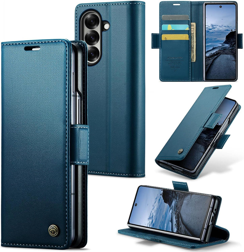 Galaxy Z Fold 7 leather wallet case with RFID blocking and flip stand