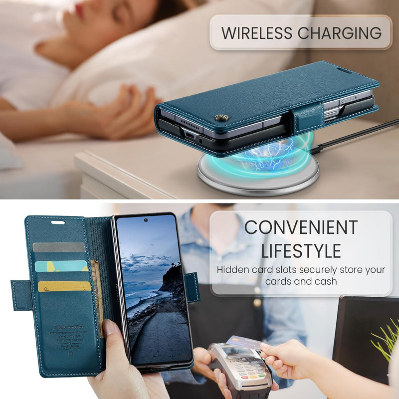 Galaxy Z Fold 7 leather wallet case with RFID blocking and flip stand