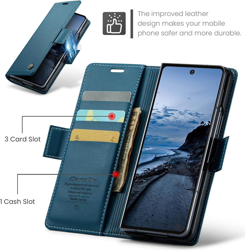 Galaxy Z Fold 7 leather wallet case with RFID blocking and flip stand