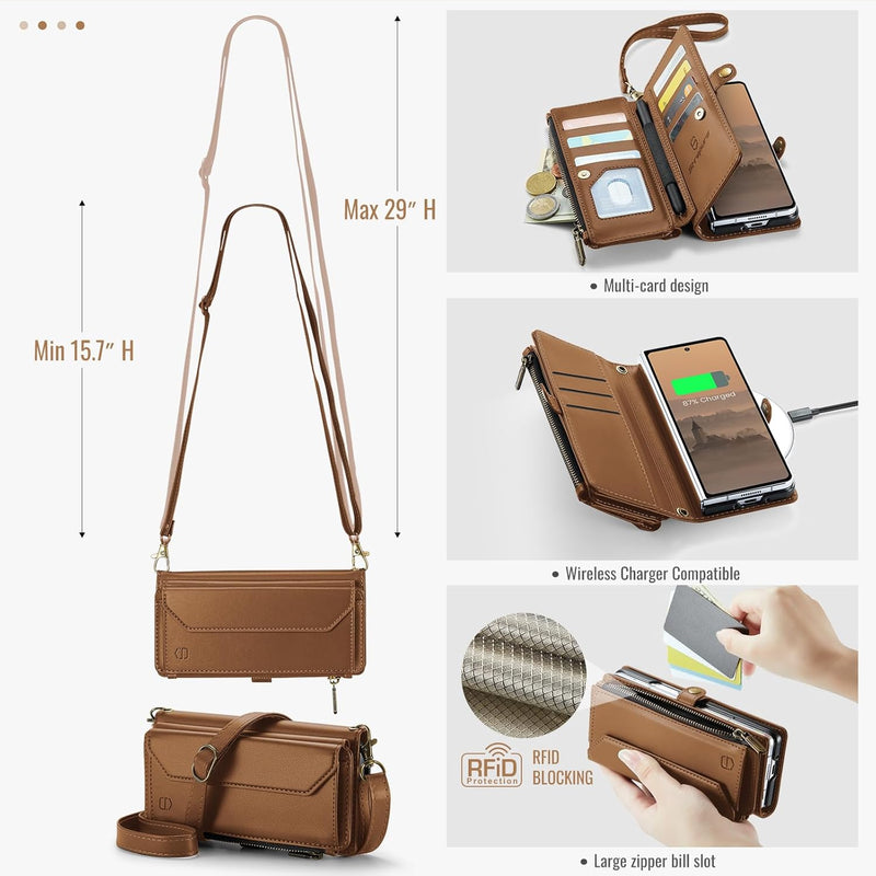 Galaxy Z Fold 7 wallet case with RFID blocking and shoulder strap