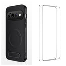 Google Pixel 11 Pro Rugged Magnetic Kickstand Case — Carbon Fiber Texture with 2 Tempered Glass Protectors (Black)