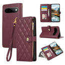 Google Pixel 11 Pro XL Zipper Rhombus Leather Wallet Case with Wrist Strap