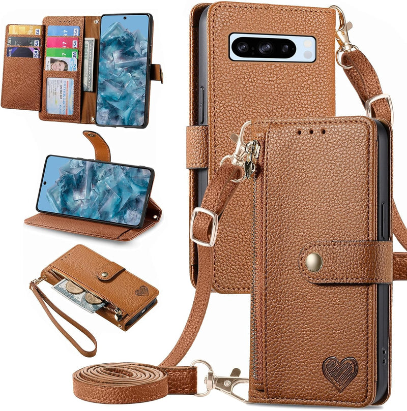 Google Pixel 8 Pro 5G Zipper Pocket Purse Shoulder Wrist Strap PU Leather Stand Flip Folio Card Holder Phone Cover - Gorilla Cases