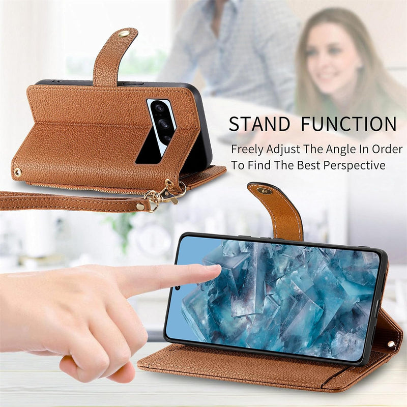 Google Pixel 8 Pro 5G Zipper Pocket Purse Shoulder Wrist Strap PU Leather Stand Flip Folio Card Holder Phone Cover - Gorilla Cases