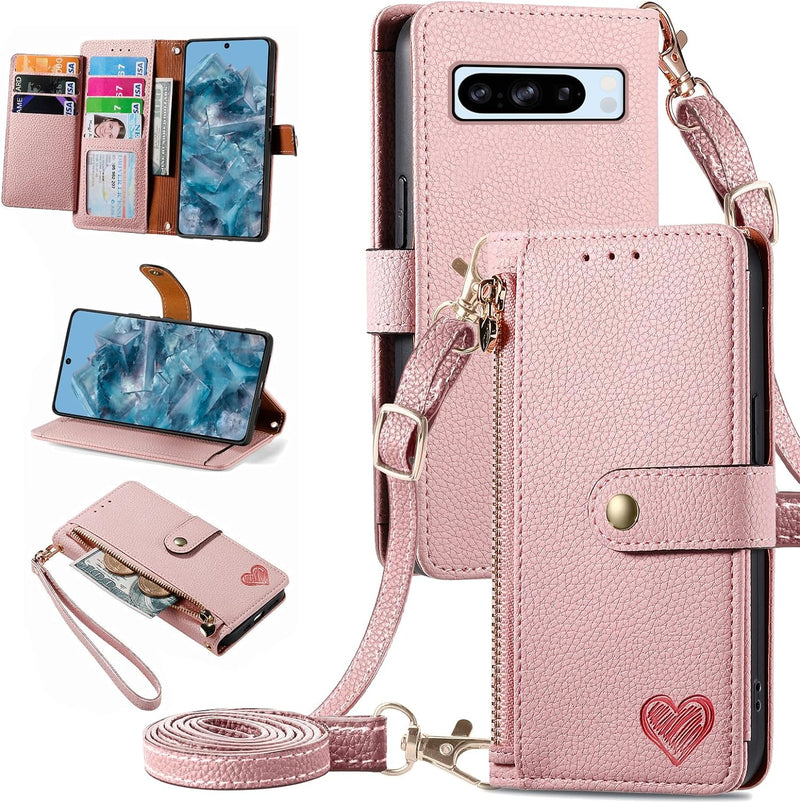 Google Pixel 8 Pro 5G Zipper Pocket Purse Shoulder Wrist Strap PU Leather Stand Flip Folio Card Holder Phone Cover - Gorilla Cases