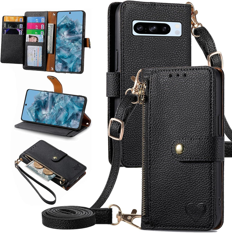 Google Pixel 8 Pro 5G Zipper Pocket Purse Shoulder Wrist Strap PU Leather Stand Flip Folio Card Holder Phone Cover - Gorilla Cases