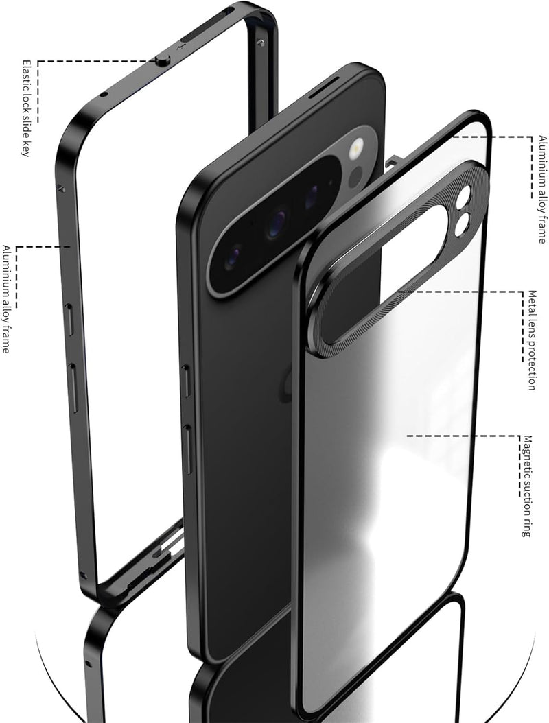 Google Pixel 9 Pro Luxury Premium Aluminum Alloy Shockproof Bumper Frame Plastic Back Cover Black - Gorilla Cases