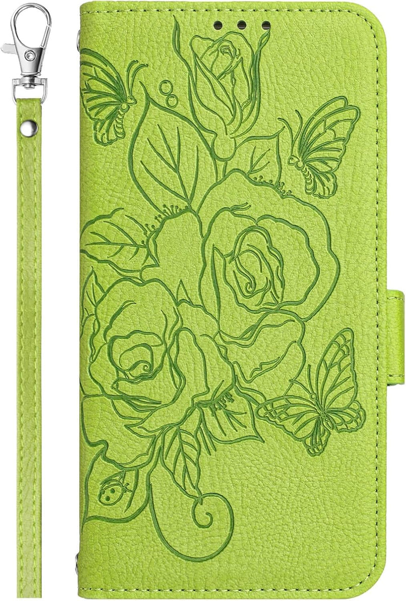 Google Pixel 9 Pro Roses Pattern PU Leather Flip Case Closure Wallet Case - Green - Gorilla Cases