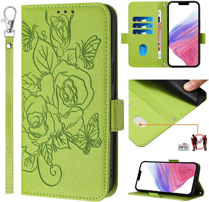 Google Pixel 9 Pro Roses Pattern PU Leather Flip Case Closure Wallet Case - Green - Gorilla Cases