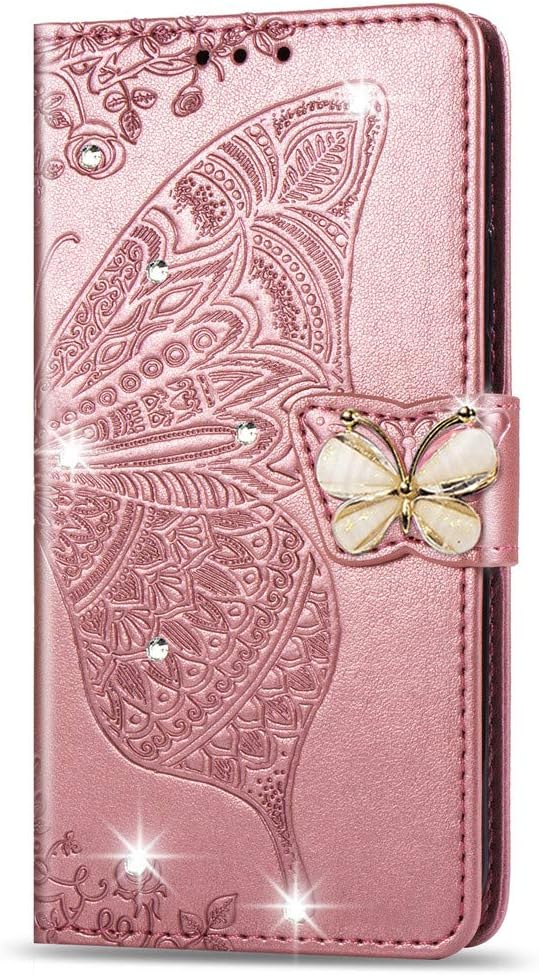 Google Pixel 9 Pro XL Crystal Butterfly PU Leather Wallet Case Card Holder Case Butterfly Rose Gold SD - Gorilla Cases