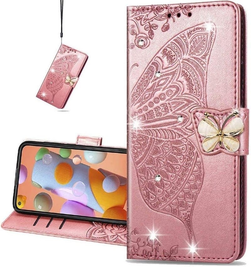 Google Pixel 9 Pro XL Crystal Butterfly PU Leather Wallet Case Card Holder Case Butterfly Rose Gold SD - Gorilla Cases