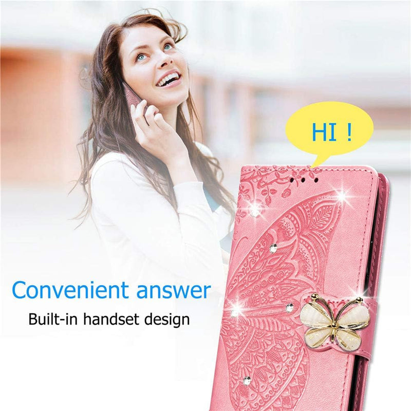 Google Pixel 9 Pro XL Crystal Butterfly PU Leather Wallet Case Card Holder Case Butterfly Rose Gold SD - Gorilla Cases