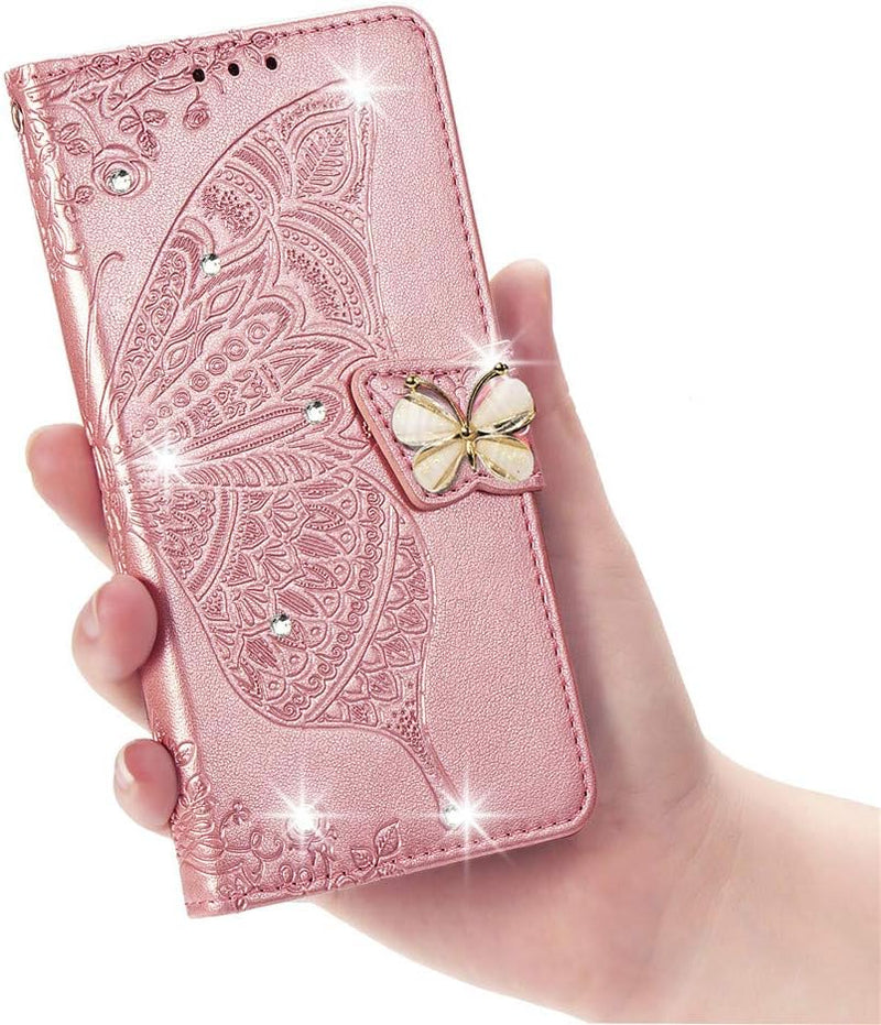 Google Pixel 9 Pro XL Crystal Butterfly PU Leather Wallet Case Card Holder Case Butterfly Rose Gold SD - Gorilla Cases