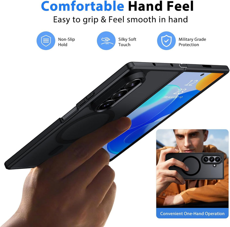 GUAGUA for Samsung Galaxy Z Fold 7 Case Magnetic Cases Translucent Matte Back Skin Feeling Slim Shockproof Military Grade Drop Proof Protective Hard PC Rugged Phone Case for Samsung Z Fold 7, Black