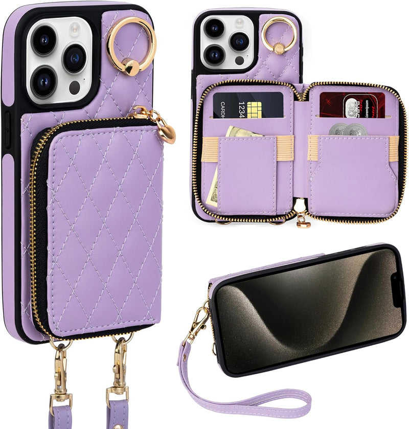 i Phone 16 Pro Max 6.7'' Wallet Case Crossbody Zipper Purse RFID Blocking Card Holders - Gorilla Cases