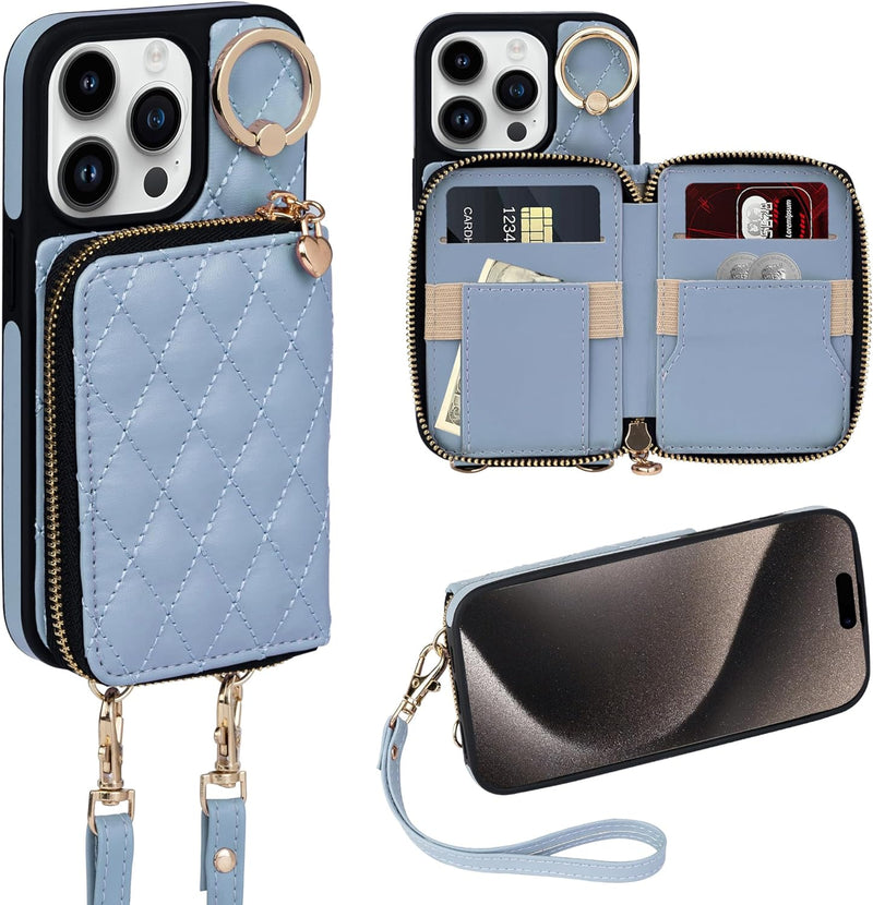 i Phone 16 Pro Max 6.7'' Wallet Case Crossbody Zipper Purse RFID Blocking Card Holders - Gorilla Cases