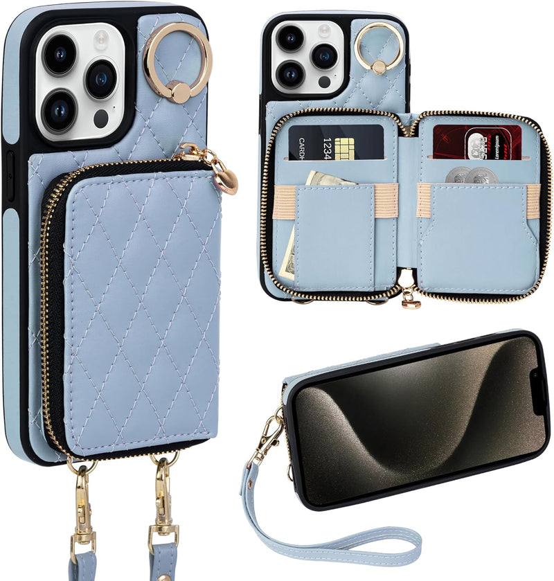 i Phone 16 Pro Max 6.7'' Wallet Case Crossbody Zipper Purse RFID Blocking Card Holders - Gorilla Cases