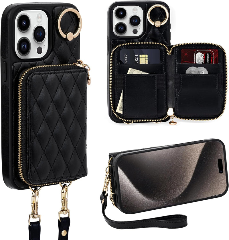 i Phone 16 Pro Max 6.7'' Wallet Case Crossbody Zipper Purse RFID Blocking Card Holders - Gorilla Cases