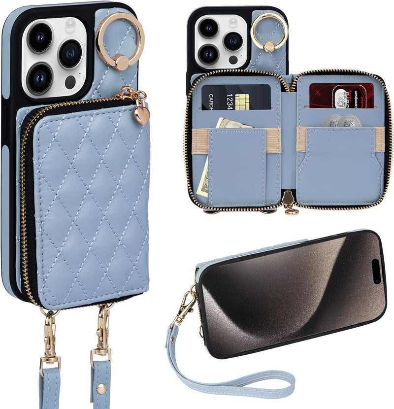 i Phone 16 Pro Max 6.7'' Wallet Case Crossbody Zipper Purse RFID Blocking Card Holders - Gorilla Cases