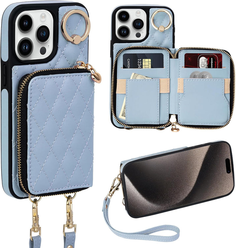 i Phone 16 Pro Max 6.7'' Wallet Case Crossbody Zipper Purse RFID Blocking Card Holders - Gorilla Cases