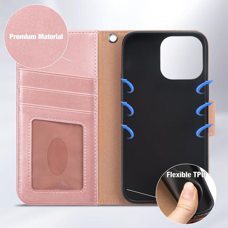 i Phone 16 Pro Max Case Card Holder Wrist Strap Wallet Flip Cover Rose Gold - Gorilla Cases