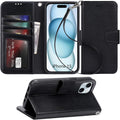 Case for iPhone 16 Pro Max with Card Holder + Wrist Strap, Flip Wallet Cover with Kickstand & Magnetic Closure