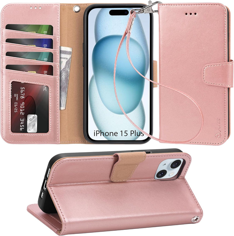 i Phone 16 Pro Max Case Card Holder Wrist Strap Wallet Flip Cover Rose Gold - Gorilla Cases