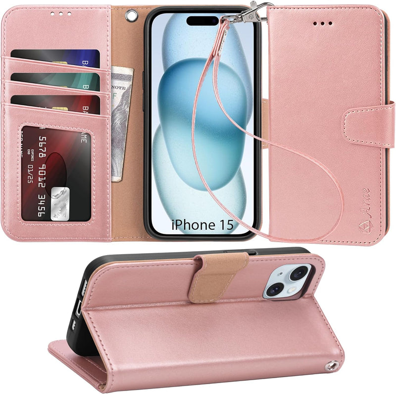 i Phone 16 Pro Max Case Card Holder Wrist Strap Wallet Flip Cover Rose Gold - Gorilla Cases