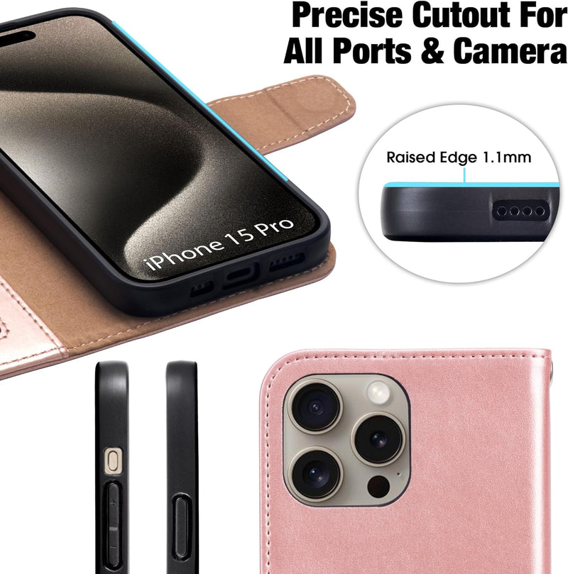 i Phone 16 Pro Max Case Card Holder Wrist Strap Wallet Flip Cover Rose Gold - Gorilla Cases