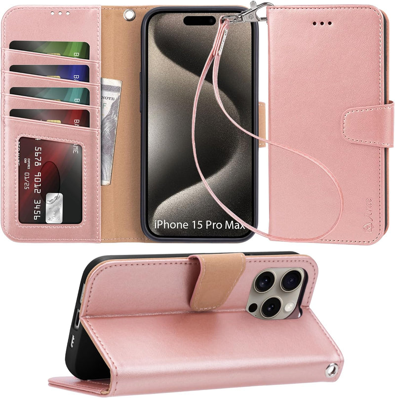 i Phone 16 Pro Max Case Card Holder Wrist Strap Wallet Flip Cover Rose Gold - Gorilla Cases