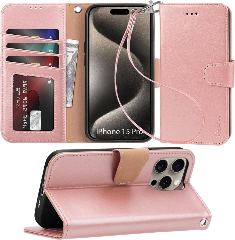 i Phone 16 Pro Max Case Card Holder Wrist Strap Wallet Flip Cover Rose Gold - Gorilla Cases