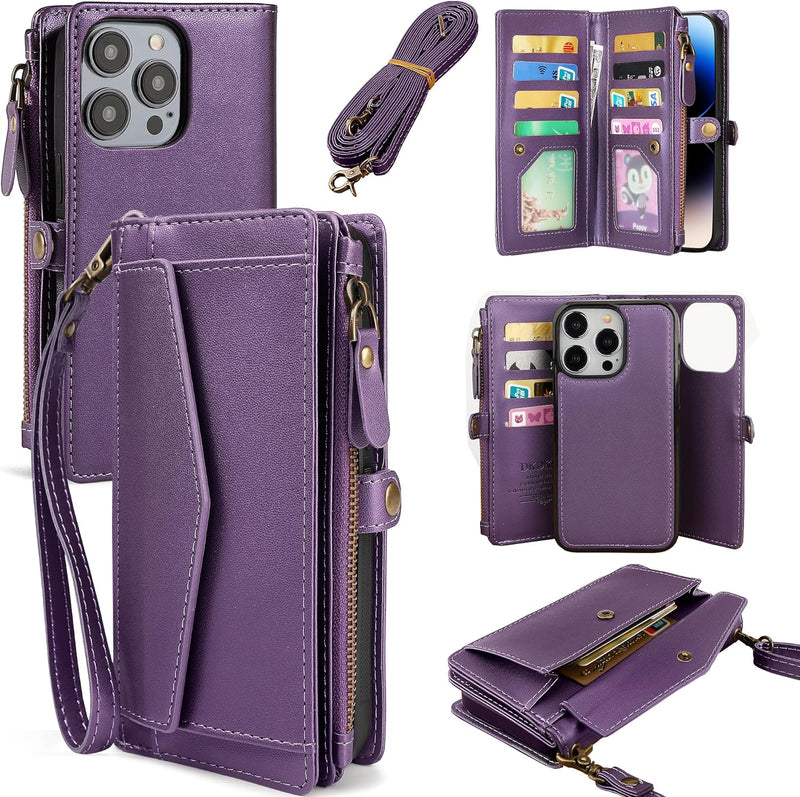 i Phone 16 Pro Max Wallet Case Support Wireless Charging Phone Case Crossbody Strap Purple - Gorilla Cases