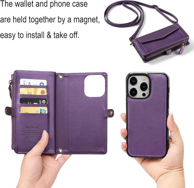 i Phone 16 Pro Max Wallet Case Support Wireless Charging Phone Case Crossbody Strap Purple - Gorilla Cases