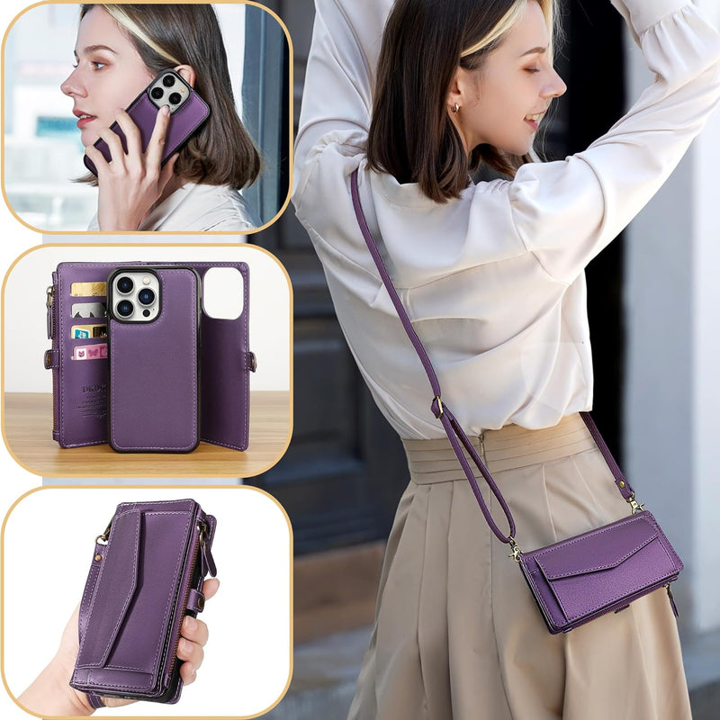 i Phone 16 Pro Max Wallet Case Support Wireless Charging Phone Case Crossbody Strap Purple - Gorilla Cases