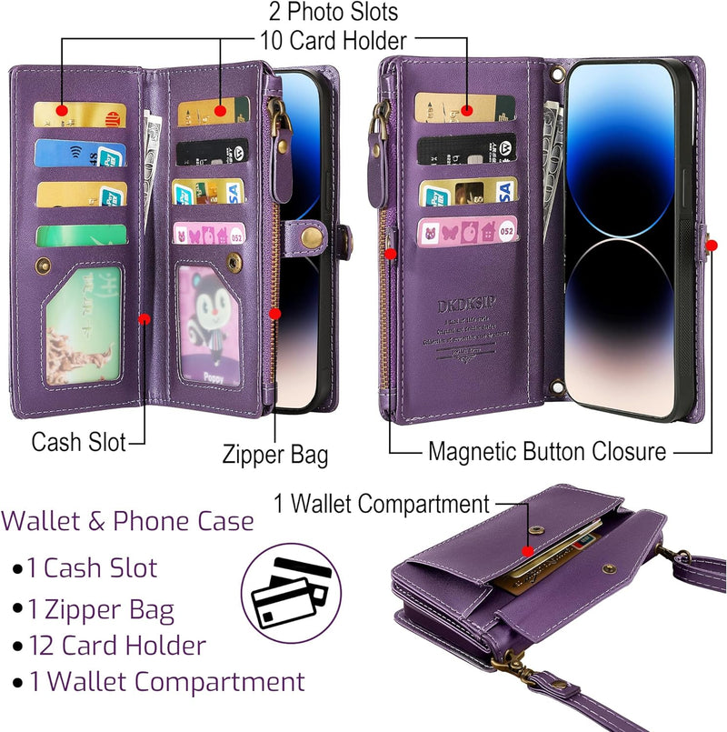 i Phone 16 Pro Max Wallet Case Support Wireless Charging Phone Case Crossbody Strap Purple - Gorilla Cases