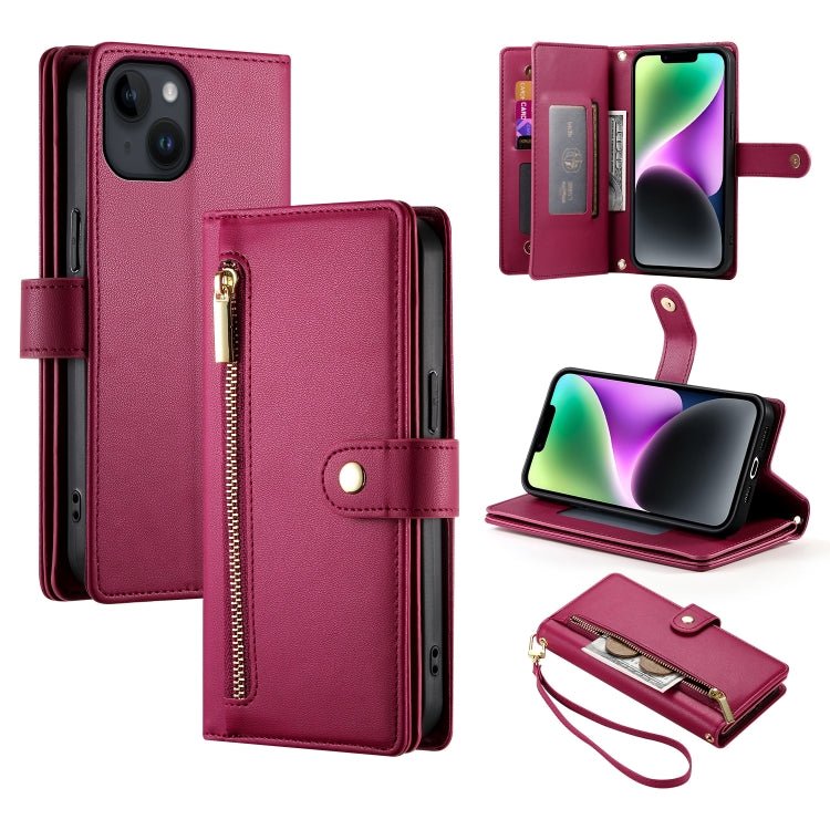 iPhone 14/15/16 Nine Card - slot Zipper Wallet Bag Leather Phone Case