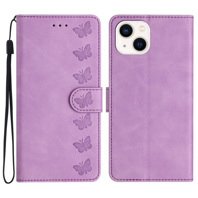 iPhone 14/15/16 Series Seven Butterflies Embossed Leather Phone Case