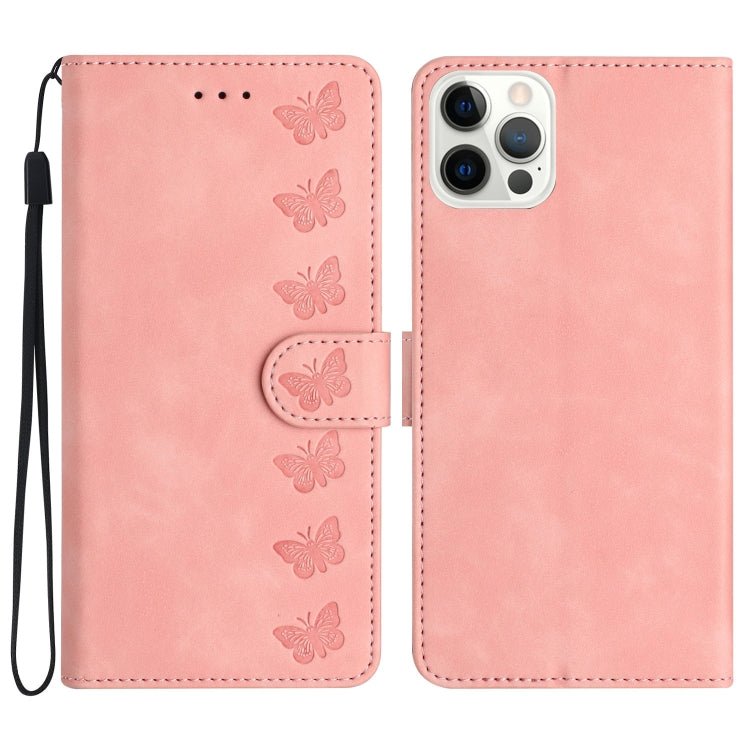 iPhone 14/15/16 Series Seven Butterflies Embossed Leather Phone Case