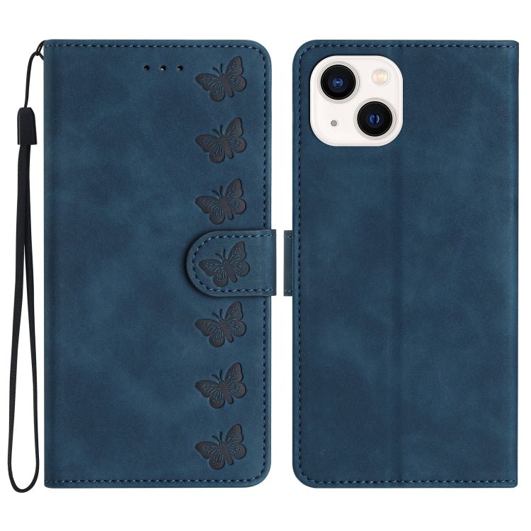 iPhone 14/15/16 Series Seven Butterflies Embossed Leather Phone Case